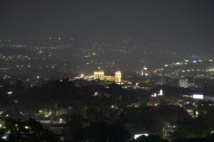 Distant view of the Metropolitan Cathedral of San Salvador at night