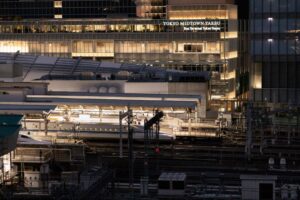 View of the bullet trains stationed in Tokyo Station from a vantage point