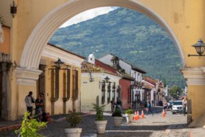 Close up view of the Arco de Santa Catarina which is a photography hotspot
